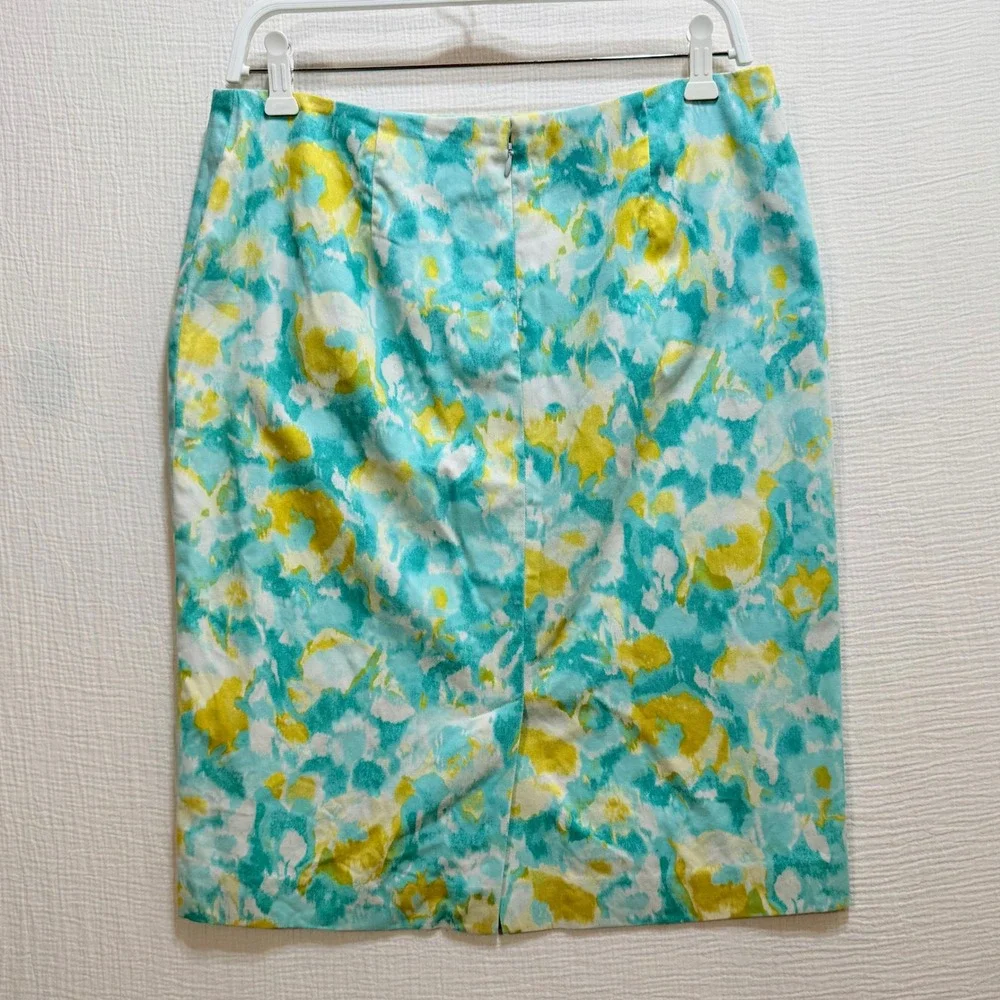 Talbots Pencil‎ Skirt Womens 10 Teal Yellow Watercolor Floral Cotton Stretch